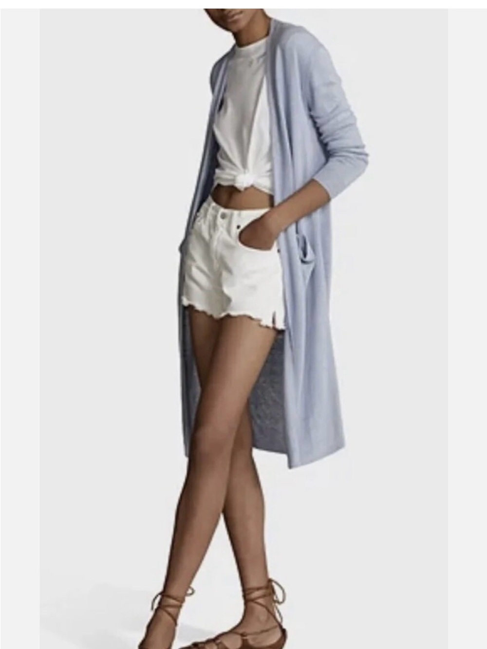 Ralph Lauren Light Blue Long Open-Front Duster Cardigan linen